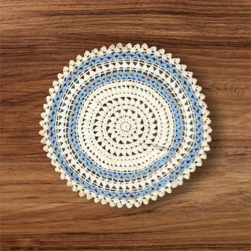 vintage crochet doily blue circle cottage Farmhouse granny dresser Estate